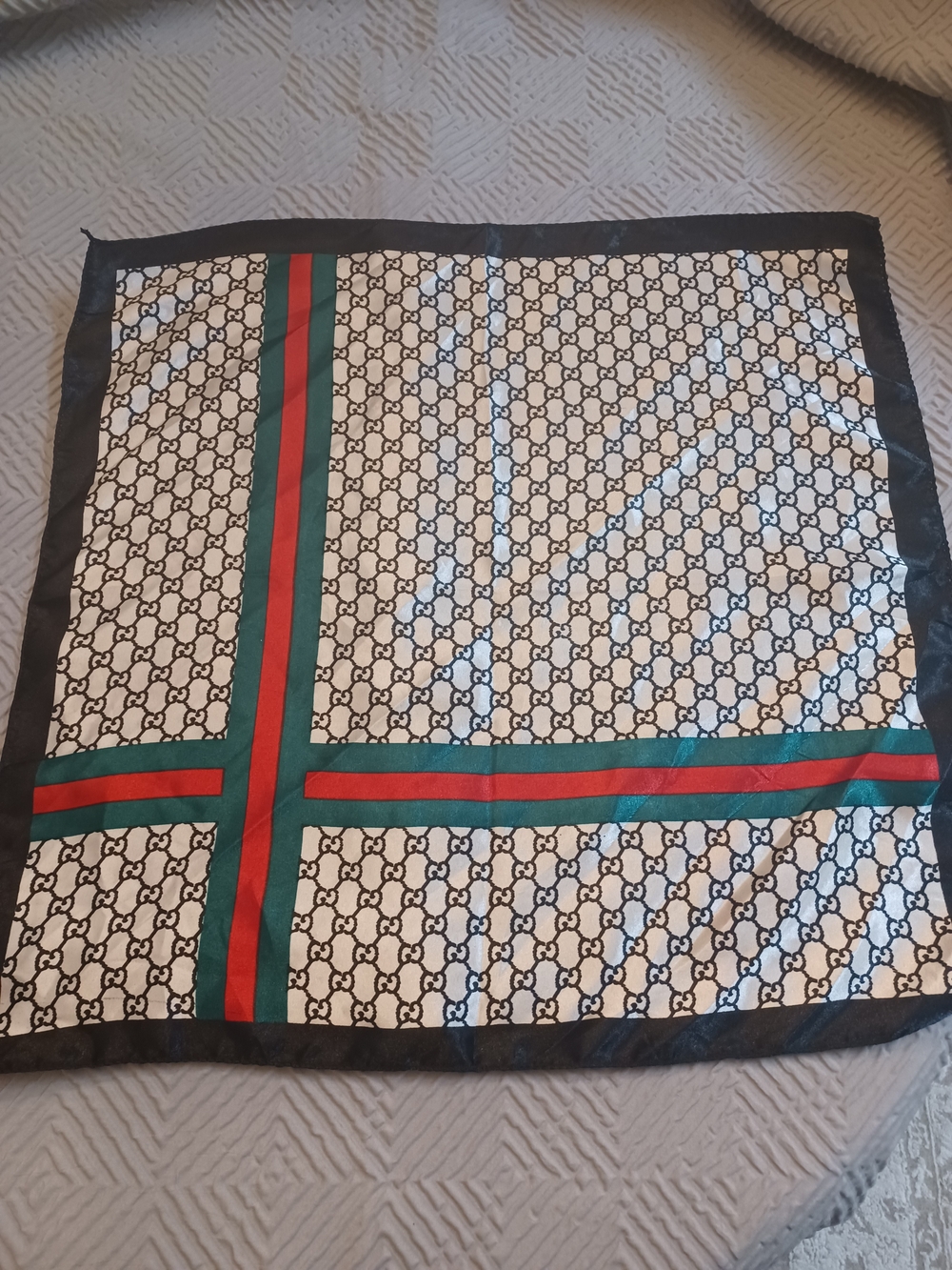 Luxury Patterned Silk Scarf with Green and Red Stripe